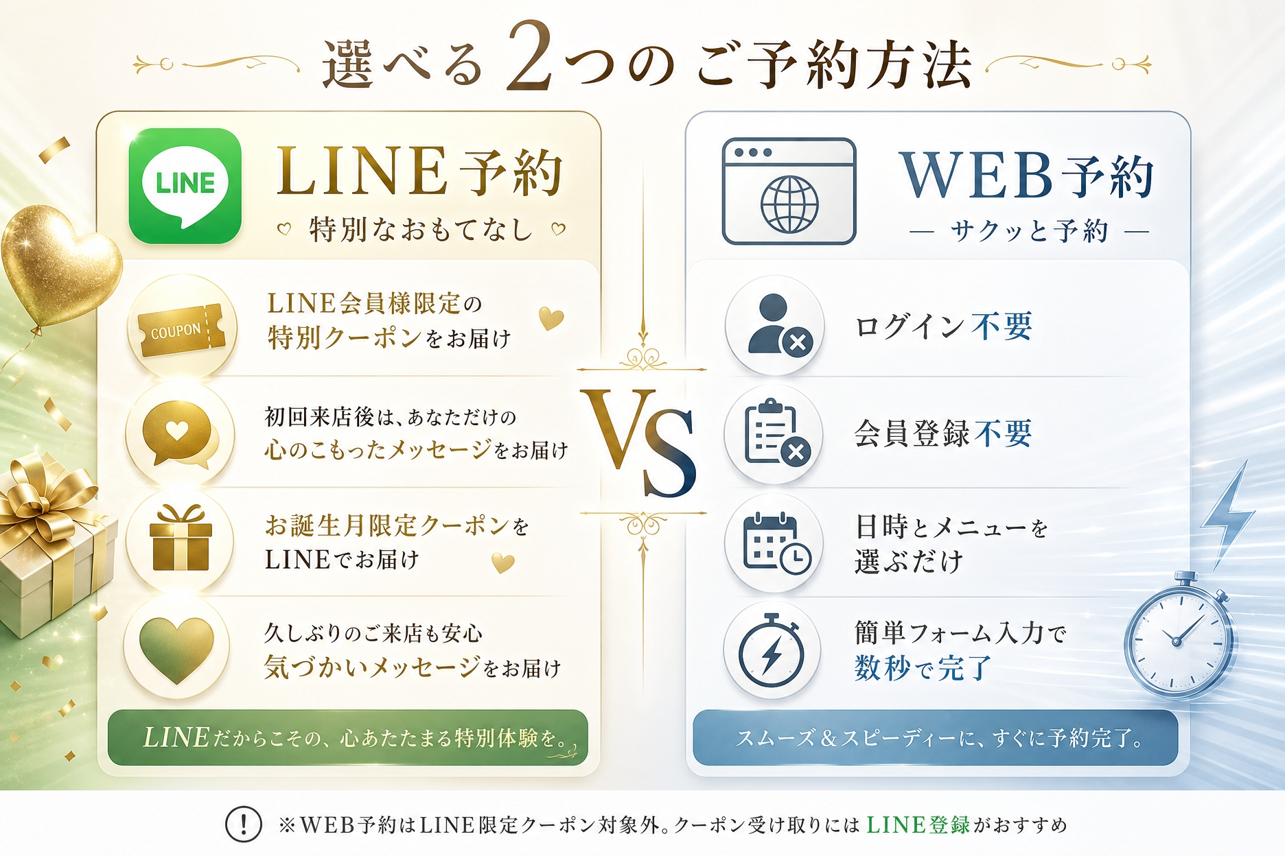 Ti-po（ティーポ）の選べる2つの予約方法｜公式LINEで限定クーポン・寄り添うメッセージ・安心感の特別なおもてなし、WEB予約でログイン不要・手軽に即座に予約完了